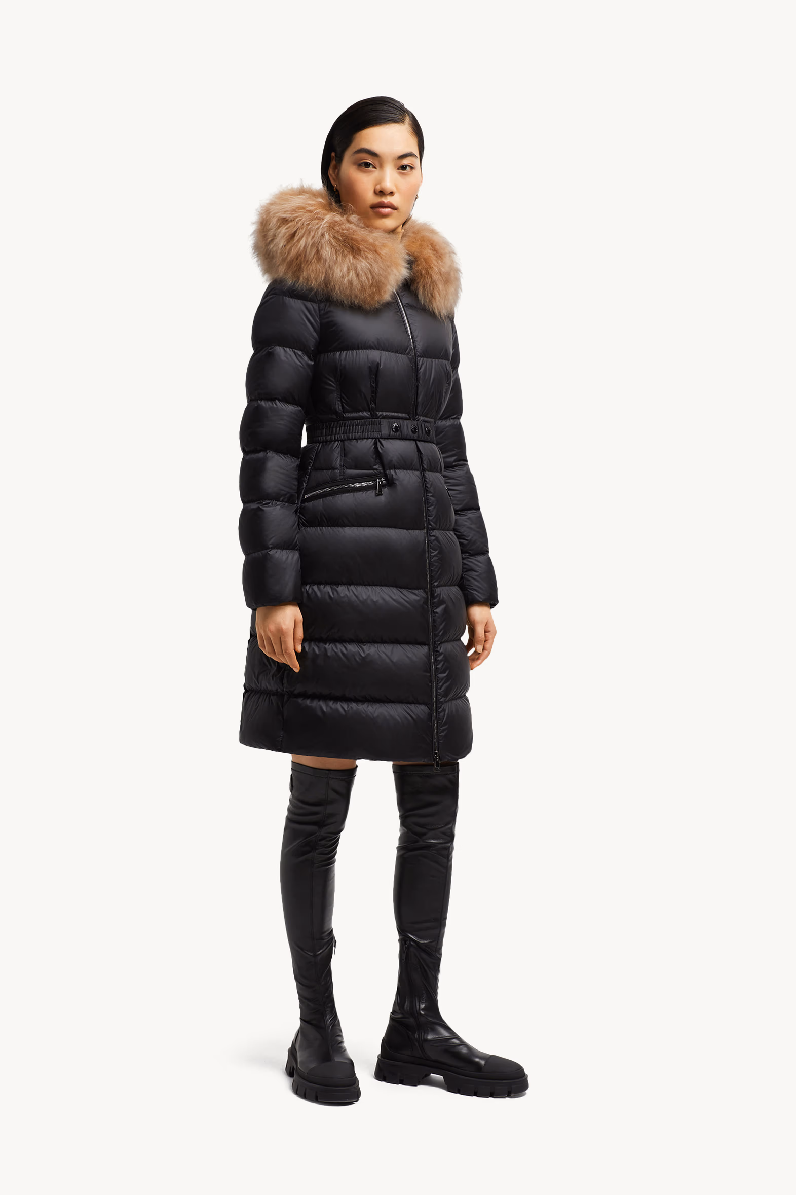 Boedic Hooded Shearling-Trimmed Long Down Jacket Women Black & Beige Moncler 3